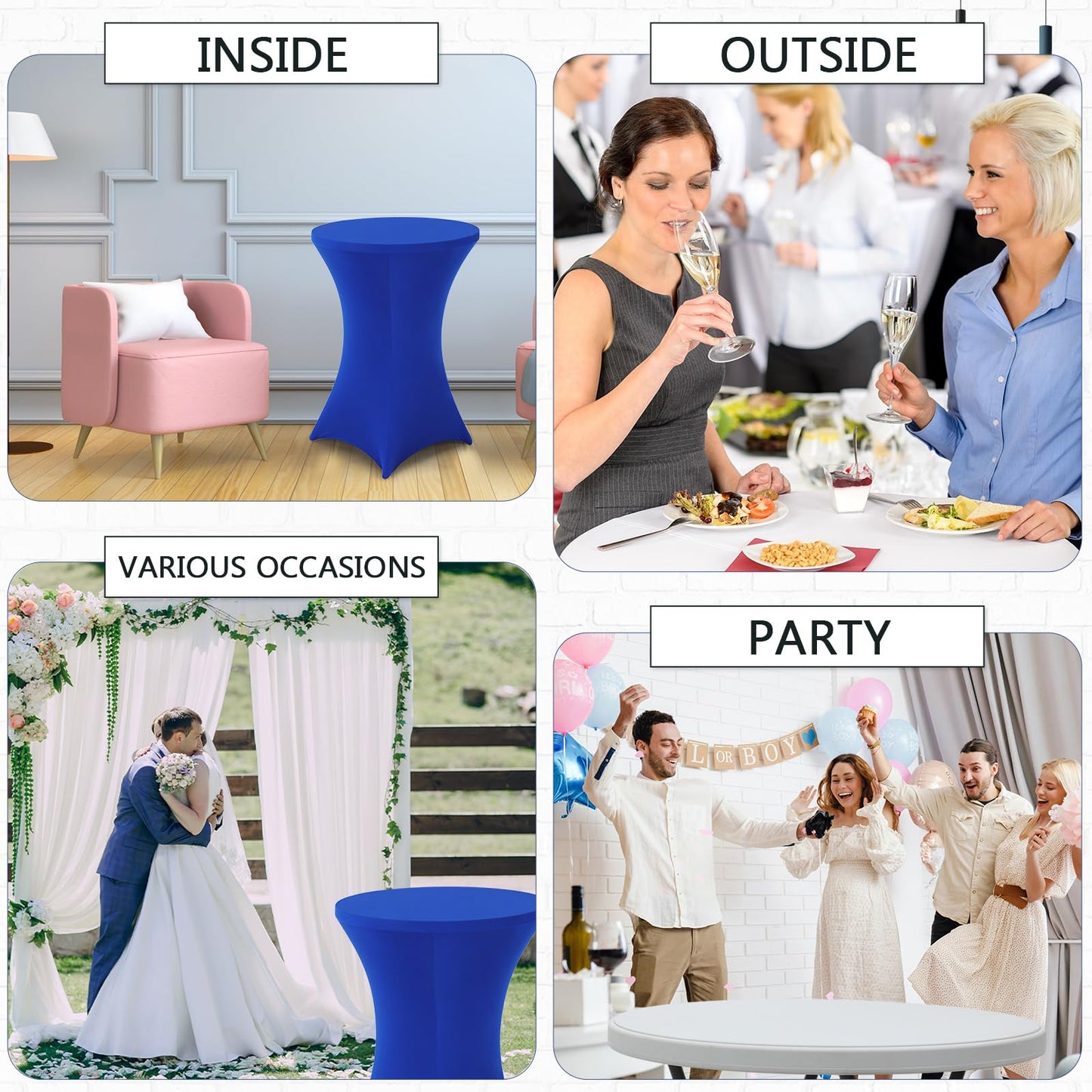 Wenqik 2 Sets 32" High Top Round Folding Cocktail Tables White Bar Height with Removable Legs & 32"x43" Spandex Stretch Table Covers (Royal Blue)