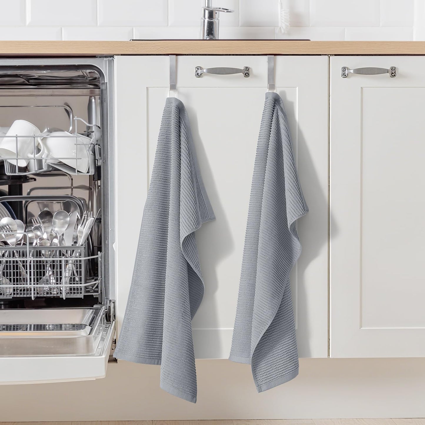 Homaxy Premium Kitchen Towels (18"x 28", 6 Pack), Large 100% Cotton Kitchen Hand Towels, Ultra Absorbent Ribbed Terry Tea Towels Set with Hanging Loop, Grey