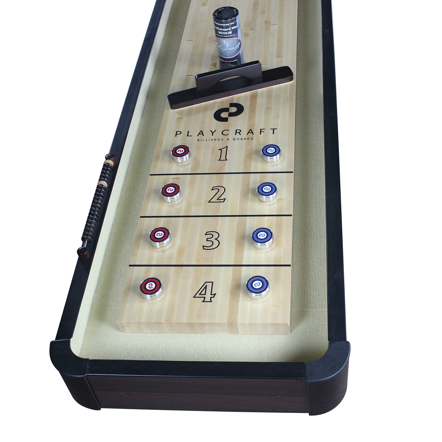 Playcraft Woodbridge Shuffleboard Table with Storage Cabinet - Shuffle Board Game Table Set with Matching Abacus, 8 Pucks, Brush & Wax (Made in USA) - Pro Style Climate Adjusters - Espresso - 16ft