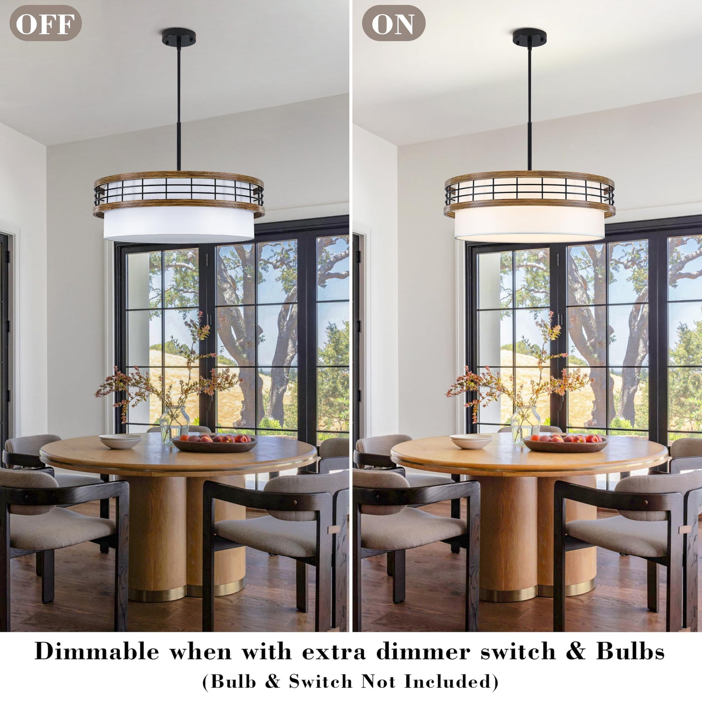 22" Large Drum Chandelier, Black and Wood Texture Pendant Light, 5-Light Farmhouse Kitchen Chandelier for Dining Room Foyer Entryway Bedroom