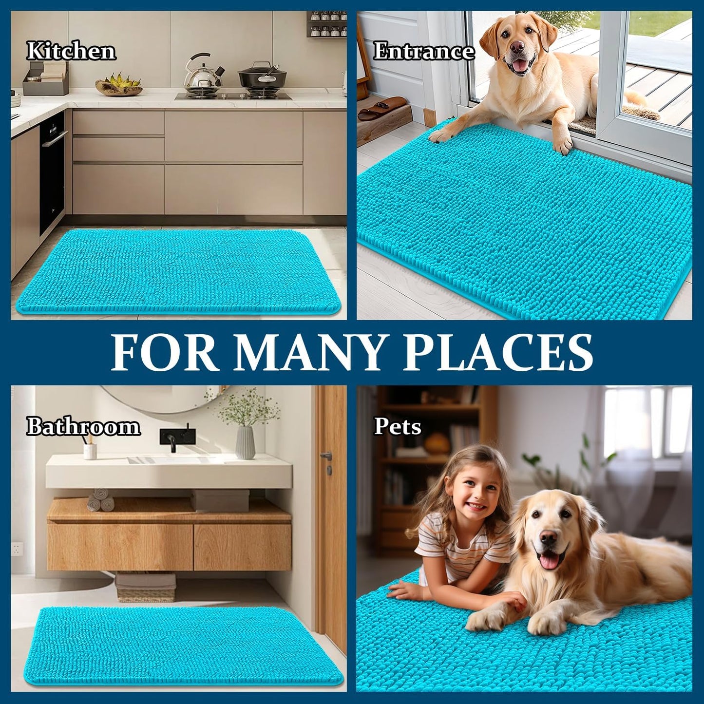 OLANLY Dog Door Mat - Absorbent Non-Slip Washable Doormat for Muddy Paws | 30x17 Inches, Aqua Blue