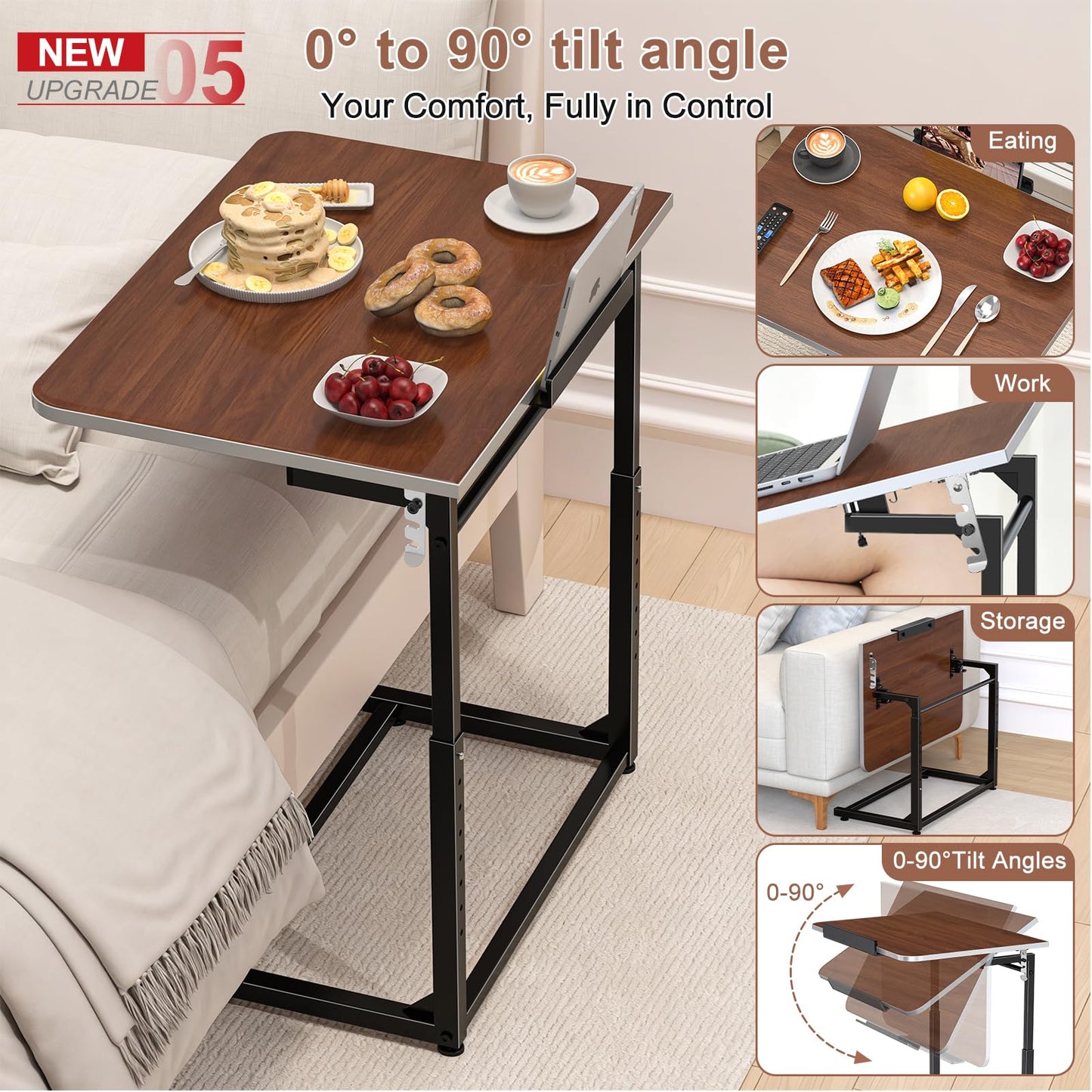 MLZLLL Tv Tray Table,Extra Large Dinner Food Tray Table,Couch & Bed Eating Desk,Heavy Duty Folding Laptop Side Table with 8Height&90° Tilt Adjustable,C-Shaped End Table with Phone/Tablet Slot Walnut