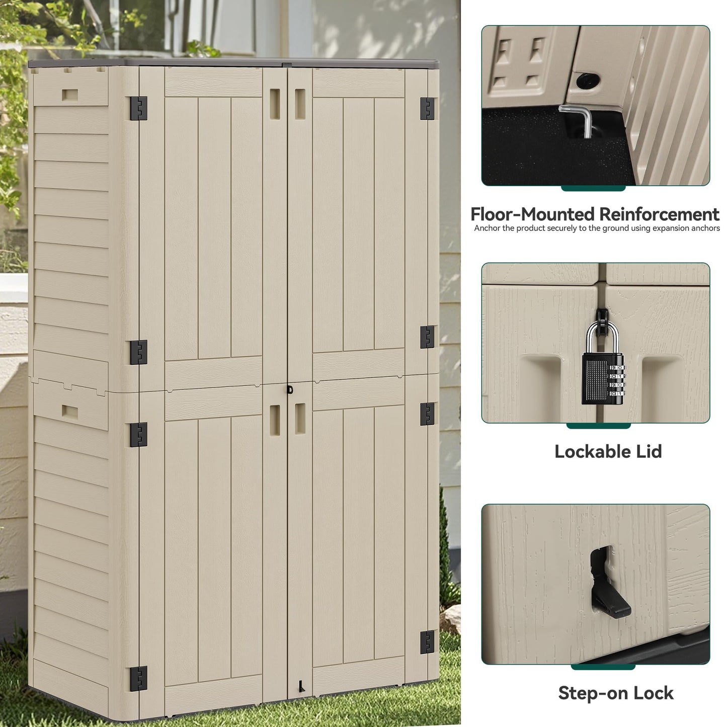 YITAHOME 60 cuft Vertical Outdoor Storage Shed w/o Shelf, Large Waterproof Storage Cabinet for Garden Shed, Tall Outdoor Storage Shed for Garage, Pool Storage, Resin, Lockable, Khaki & Brown