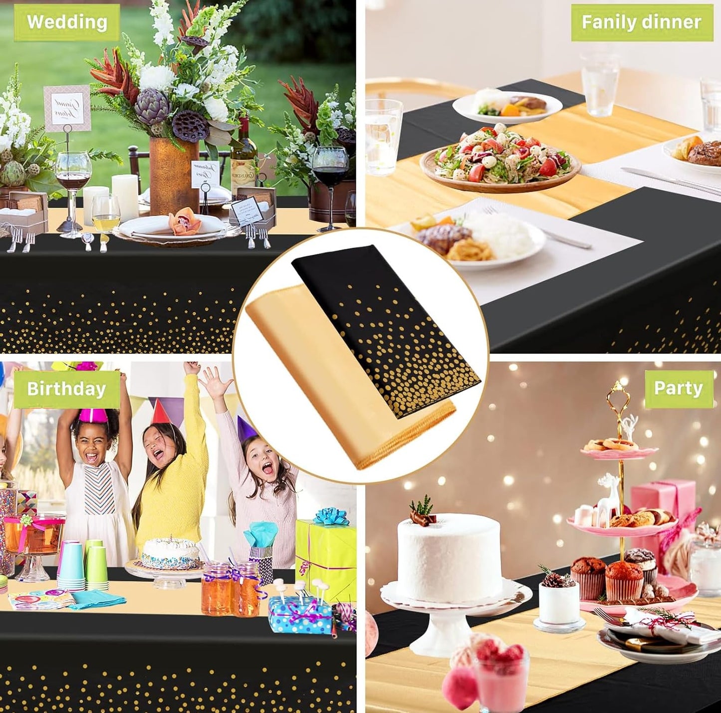 Jeffbaubl 8 Set Tablecloths and Satin Table Runner, 8 Black and Gold Dot Table Cloth 54 x 108 Inch, 8 Gold Satin Runners 11 x 108 Inch, Disposable Plastic Tablecloth for Parties Wedding Birthday