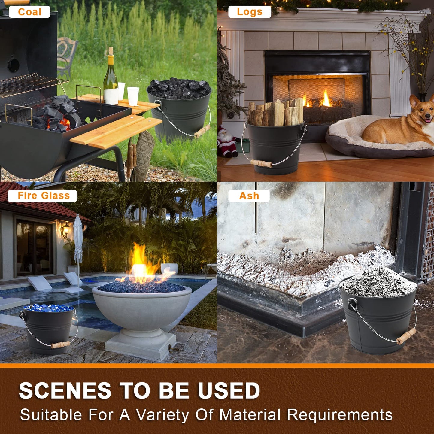 Poofzy Ash Bucket with Lid, Small Fireplace Ash Bucket with Lid and Shovel, 1.3 Gallon Metal Bucket for Fireplace with Hand Broom and Gloves, Fireplace Bucket for Ashes for Wood Stove and Fire Pit