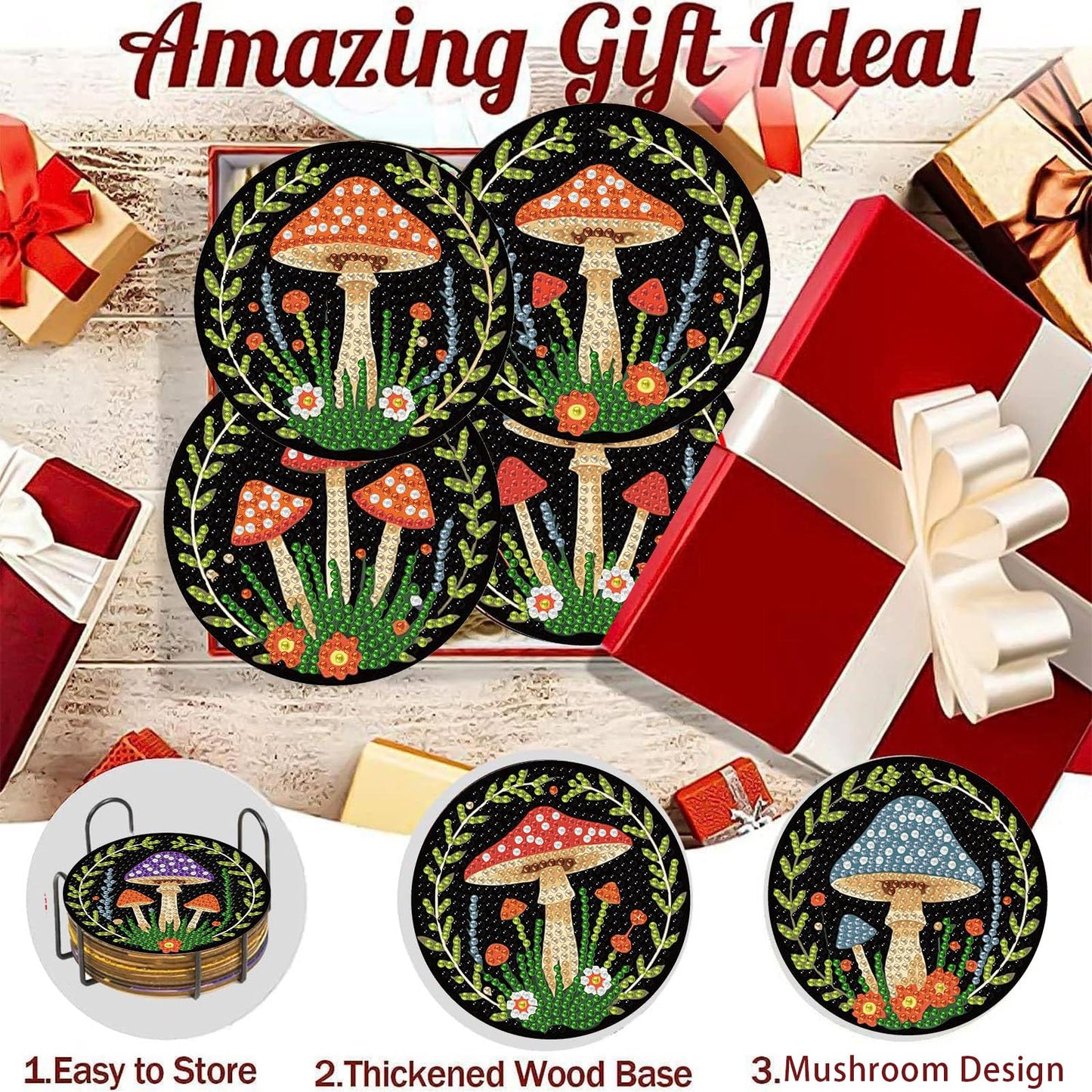Diamond Art Coasters Kits Mushrooms, Mushroom Diamond Painting Coasters with Holder Set of 8, DIY Coaster Gem Art Crafts Supplies for Adults Beginner Cup Mat with Nice Gift Box for Home Decor 3.9 inch