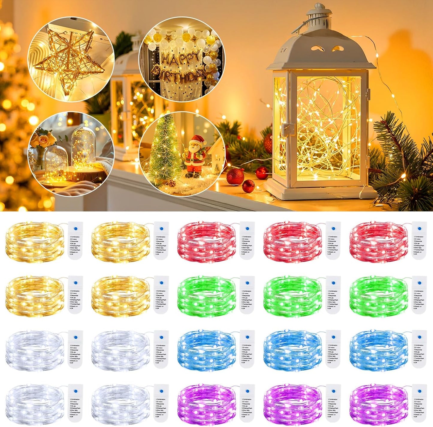 Minetom Fairy Lights - 12 Pack Battery Operated String Lights | 8 Modes, 7ft, 20 LEDs, Waterproof Silver Wire for DIY Decor