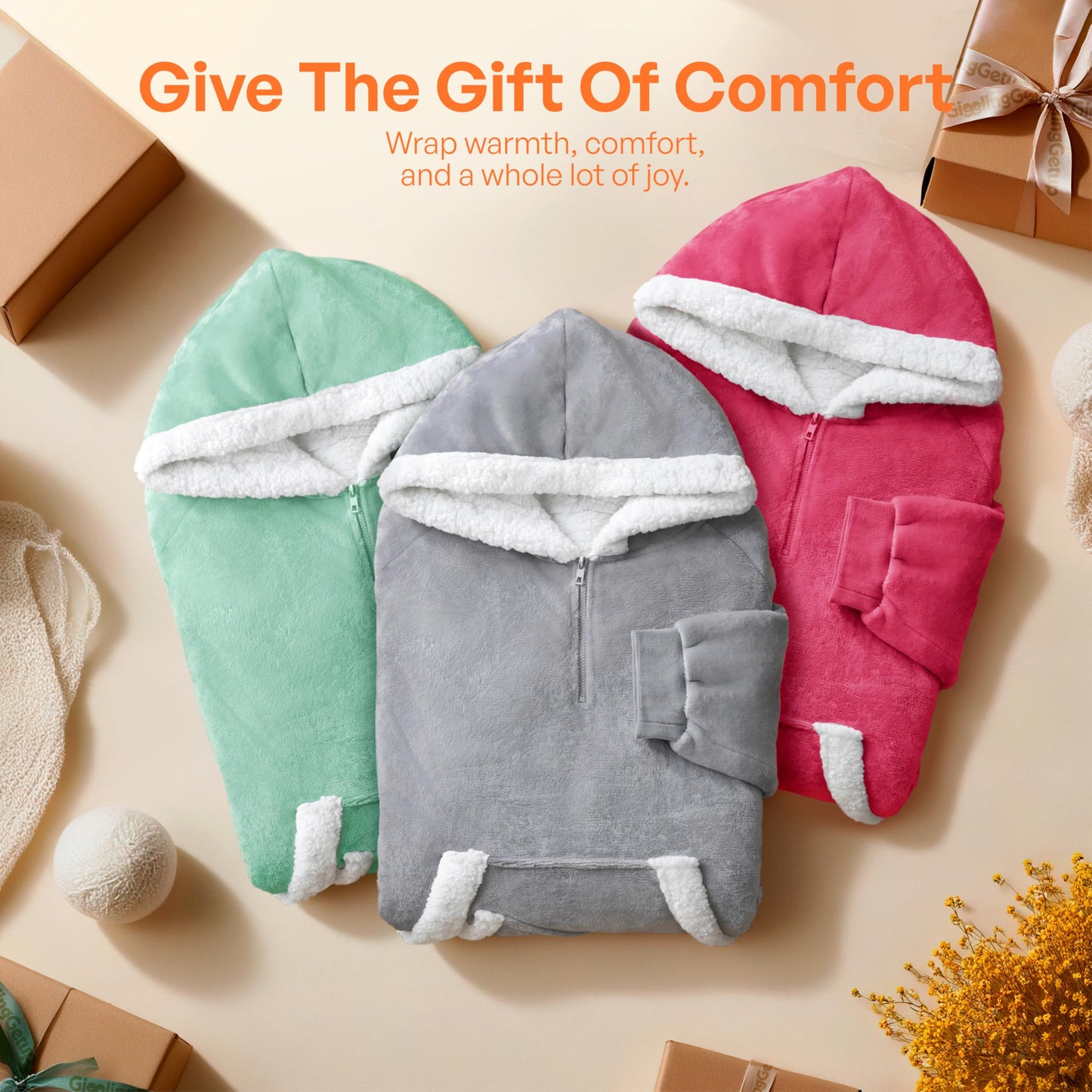 Giggling Getup Wearable Blanket Hoodie for Women Men Gifts for Women Mom Wife Sherpa Fleece Hooded Blanket Sweatshirt Warm Cozy Sherpa Wearable Throw with Pocket & Sleeves for Adult Oversize Gray