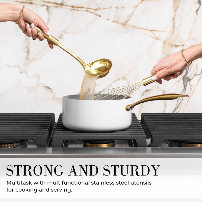 Styled Settings White and Gold Kitchen Utensils Set - 15-Piece BPA free, Non-Scratch, Utensils Set Includes White Silicone Cooking Utensils and Measuring Cups and Spoons