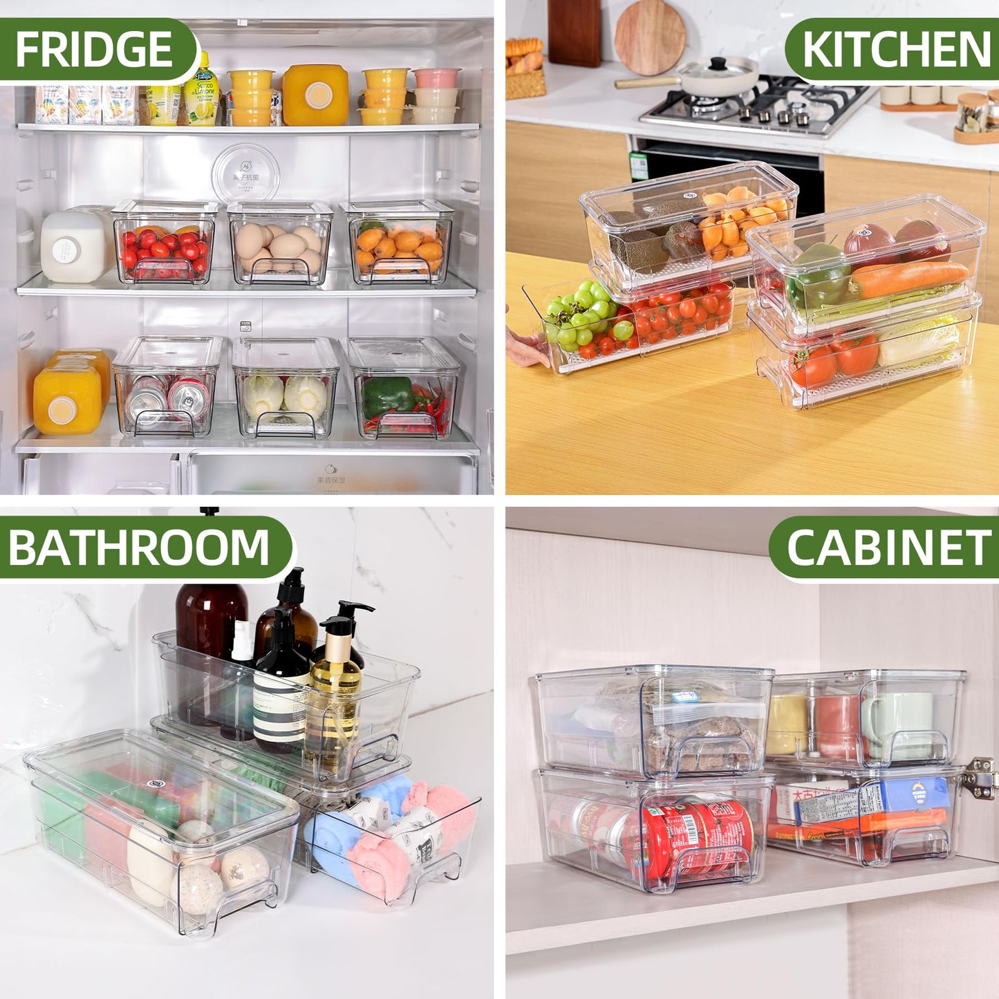 Large Fridge Organizer Drawers, 4 Pack Clear Pull-Out Refrigerator Organizer Bins, Stackable Fruit and Vegetable Storage Containers for Kitchen, Refrigerator, Pantry