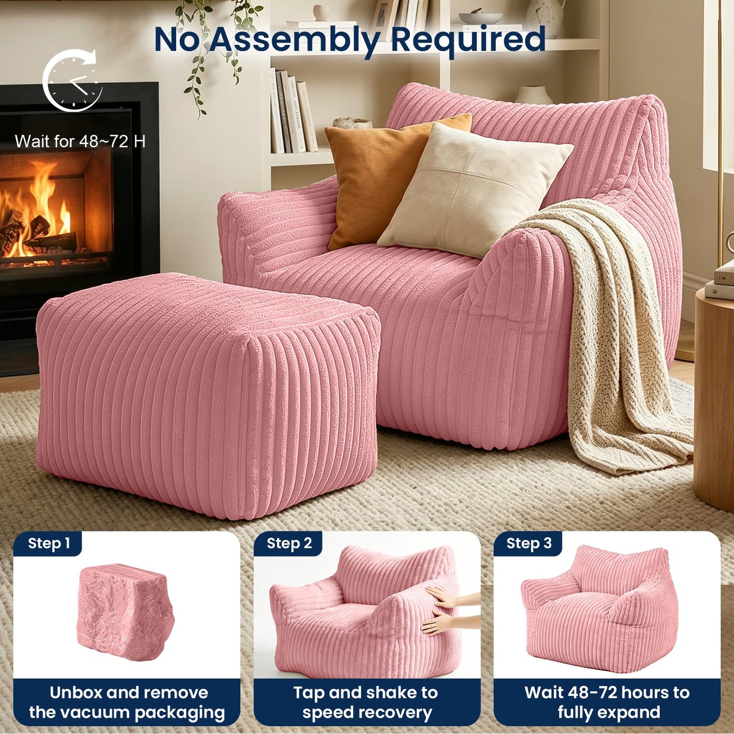 Giant Bean Bag Chair with Footstool for Adults, Fluffy Boneless Lounge Sofa Chair, Superior Large Reading Floor Sofa Bed, Oversized Accent Comfy Couch for Living Room, Bedroom (Pink, with Ottoman)