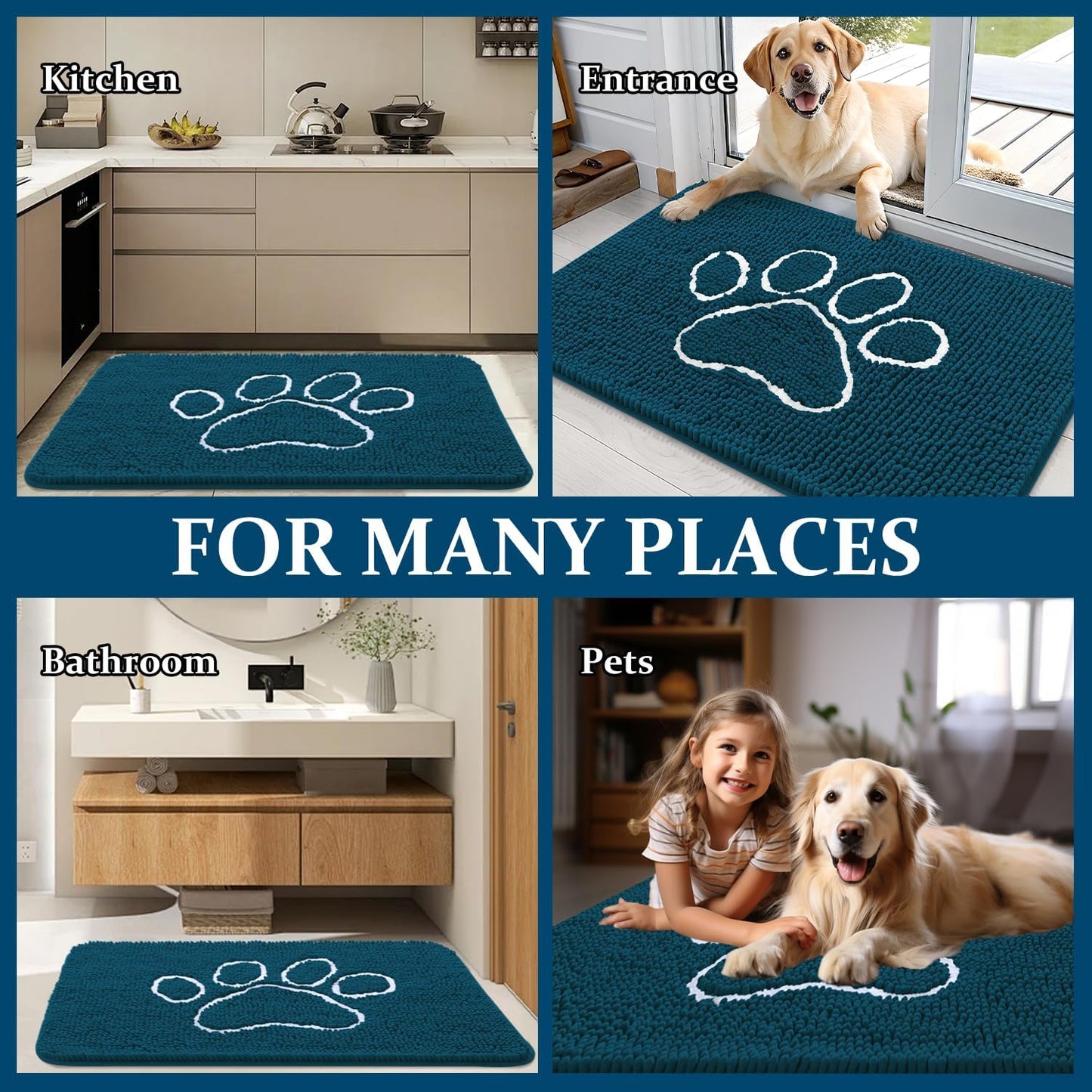 OLANLY Dog Door Mat - Absorbent Non-Slip Mud Mat for Muddy Paws | 35x24, Atlantic Blue, Quick Dry Chenille