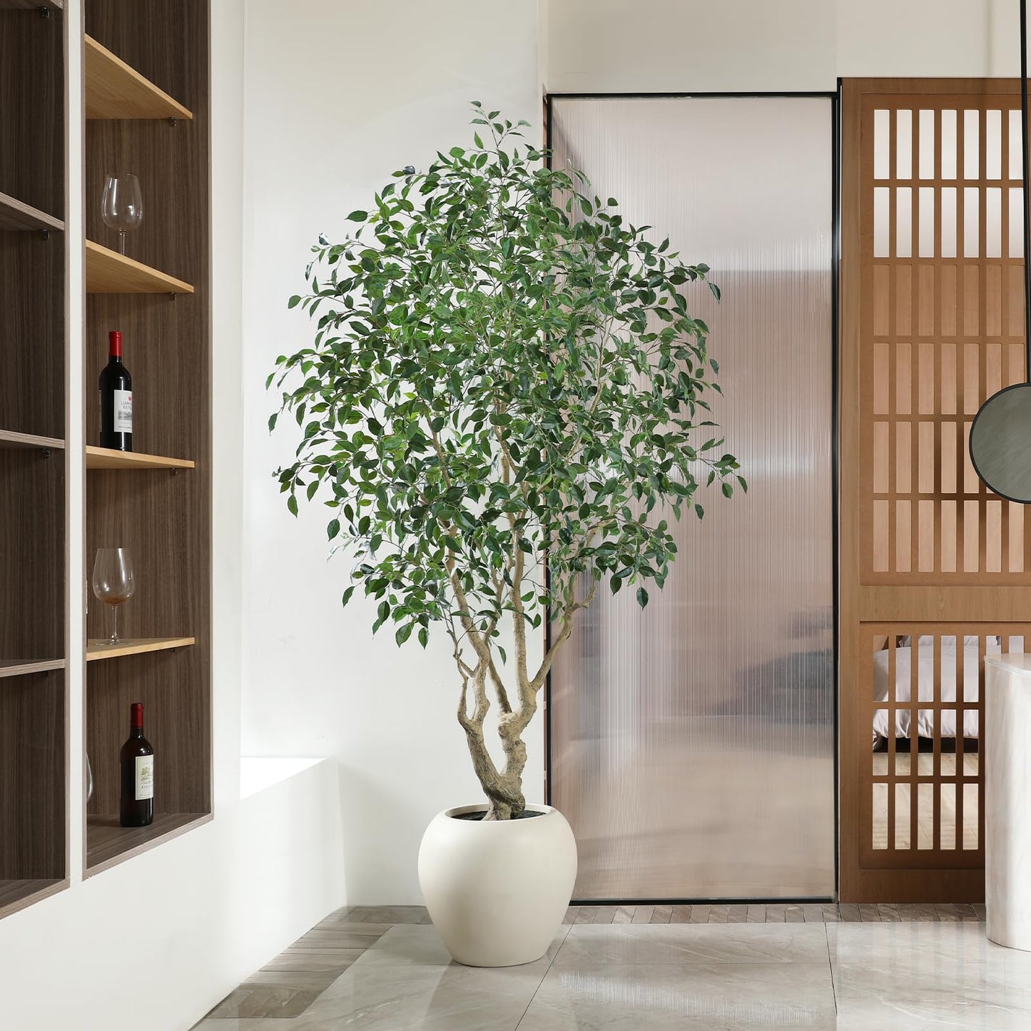 SOGUYI Ficus Tree Artificial Indoor, 8 Feet Tall Faux Ficus Tree with Round Artisan Planter, Premium Handmade, Realistic Trunk & Lifelike Leaves, Perfect for Large Spaces & Elegant Home/Office Decor