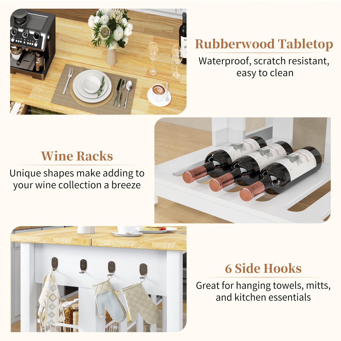 DynJest 60" Solid Rubberwood Kitchen Island with Power Outlets - Extra Large Work Surface, 3 Drawers & 2 Open Shelves Storage Cabinet for Kitchen Dining Room, Farmhouse Style (White)