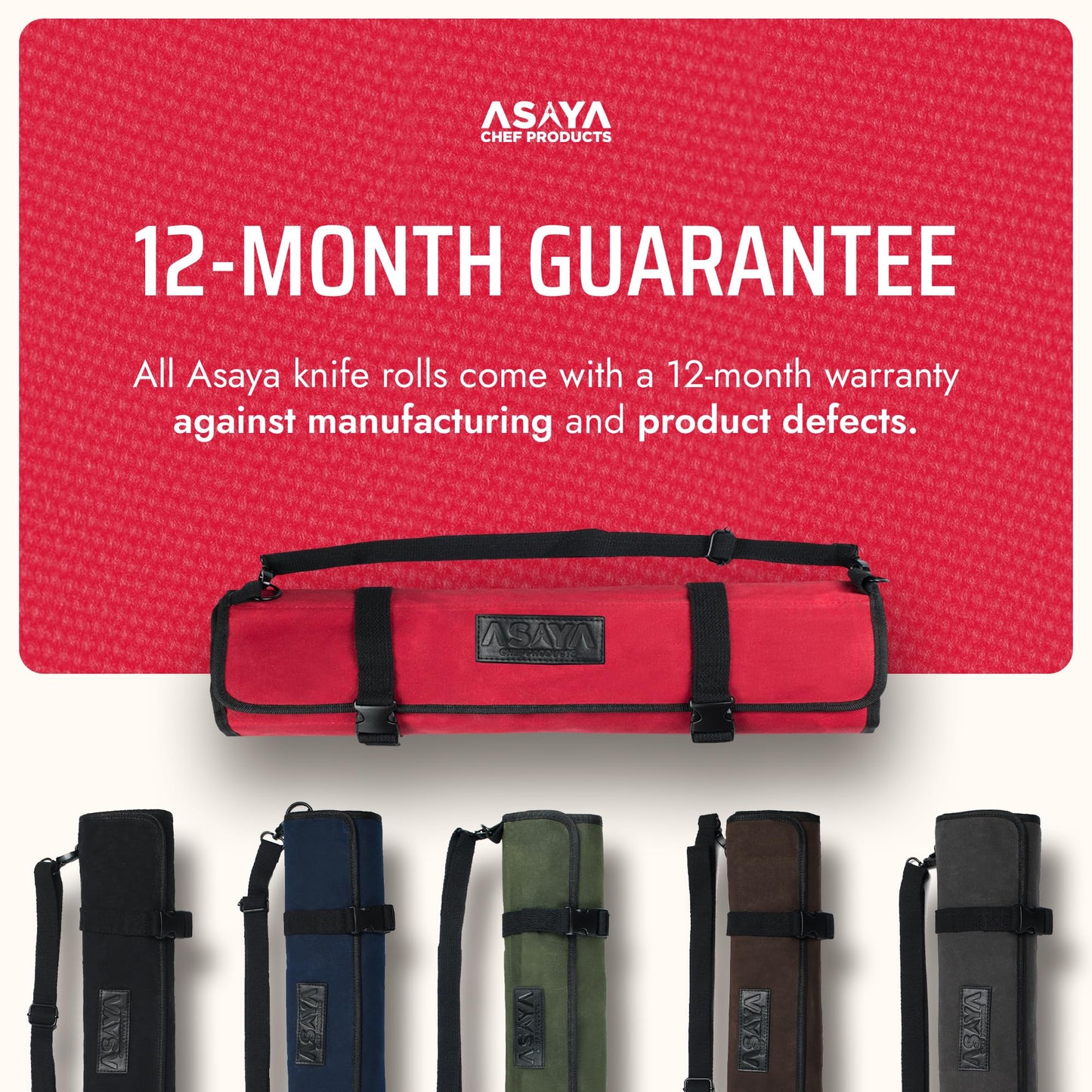 Asaya Waxed Canvas Chef Knife Roll Bag with 10 Slots and a Zipper Pocket - Professional Chef Knife Bag & Storage Case, with Shoulder Strap - Knives Not Included (Red)