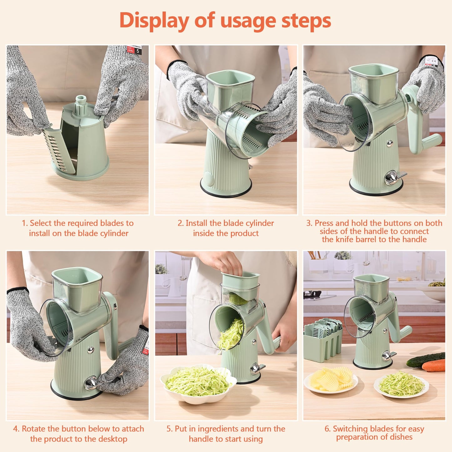Cheese Grater With Hand Crank Countertop For Kitchen,Grater Shredder With Handle For Kitchen Rotating,Vegetable Slicer,Nuts Grinder Cheese Shredder with Clean Brush(5 Blades Matcha Color)