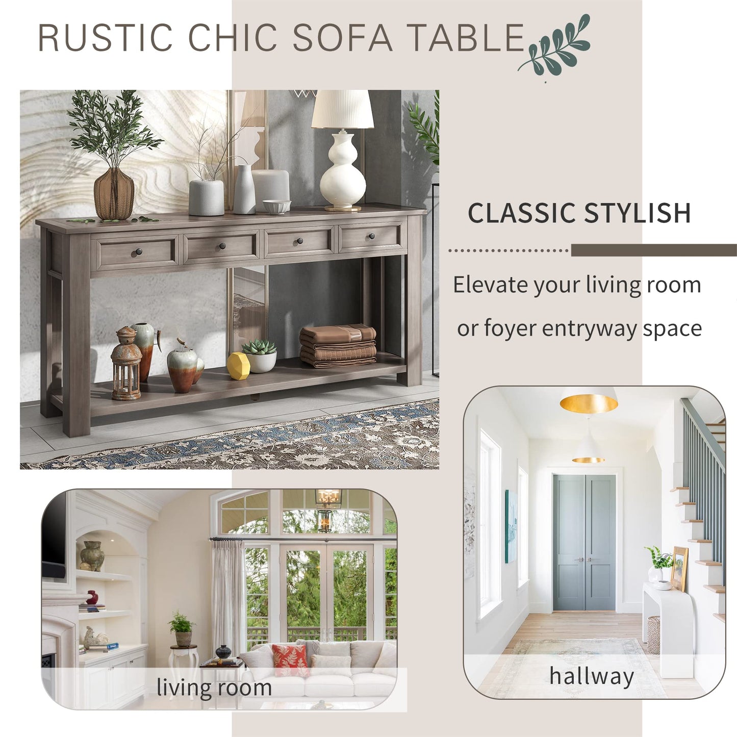 KTATK Solid Wood Console Sofa Table with 4 Drawers and Tabletop,Bottom Shelf for Entryway Hallway or Living Room,Space Saving,Easy to Assemble,Gray Wash,63" L×14" W×30" H