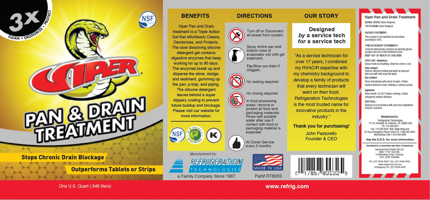 Refrigeration Technologies Viper Pan & Drain Treatment 1 Qt, Yellow RT800S (1)