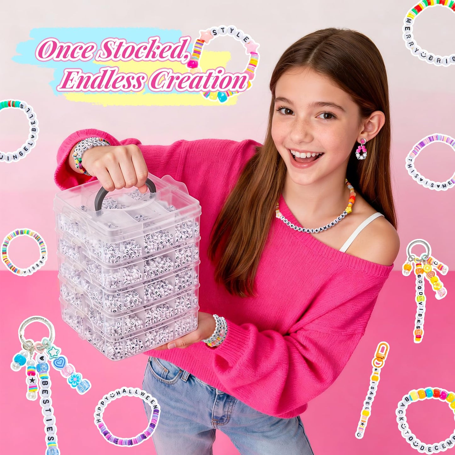 Simetufy 9000PCS Letter Beads A-Z Alphabet, 4x7mm Round Letter Bead Kits, Black Alphabet Beads & Smile Number Beads for Bracelets DIY Necklaces Jewelry Making, Black (Stack Box)