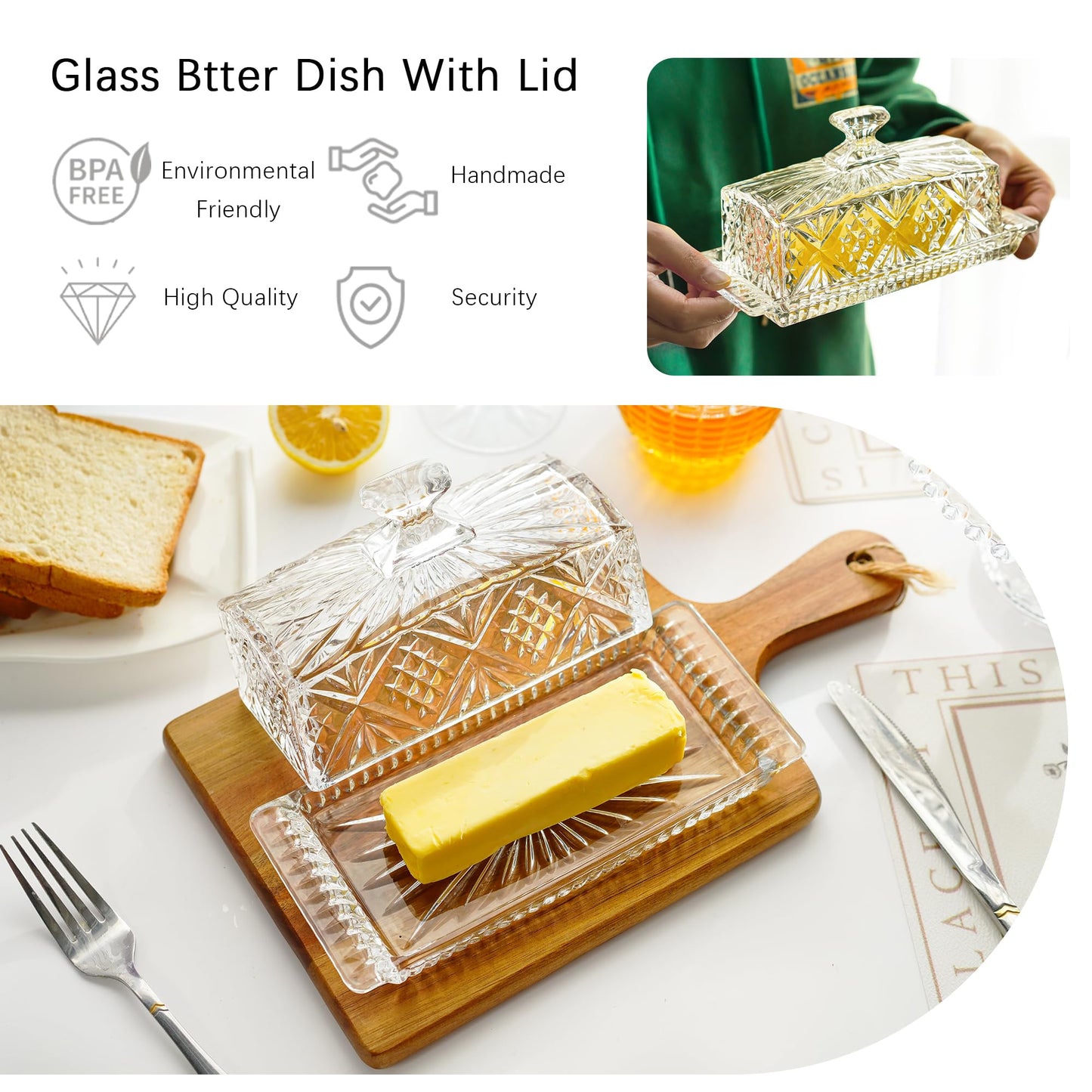 Crystal Covered Butter Dish,8inch Classic Glass 2-Piece Design Butter Keeper with Lid | Butter Holder | Dishwasher Safe