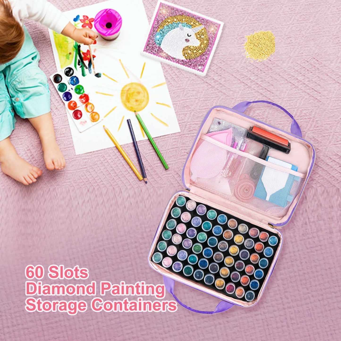 Leudes Diamond Painting Storage Containers, 60 Slots Bead Storage Box for Diamond Art Kits Accessories Organizer Case (Only Bottles and Bag) (Purple-2(60 Jars))