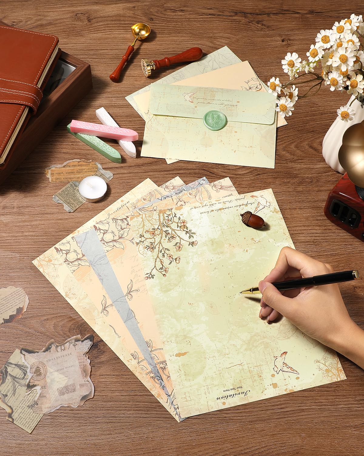Comealltime 73Pcs Vintage Paper and Envelopes Set, 30 Stationary Letter and Envelopes, 8 Wax Seal Sticks, Wax Spoon, Rosemary Stamp and 2 Tea Candles for Wedding Party Invitation Love Xmas Letter