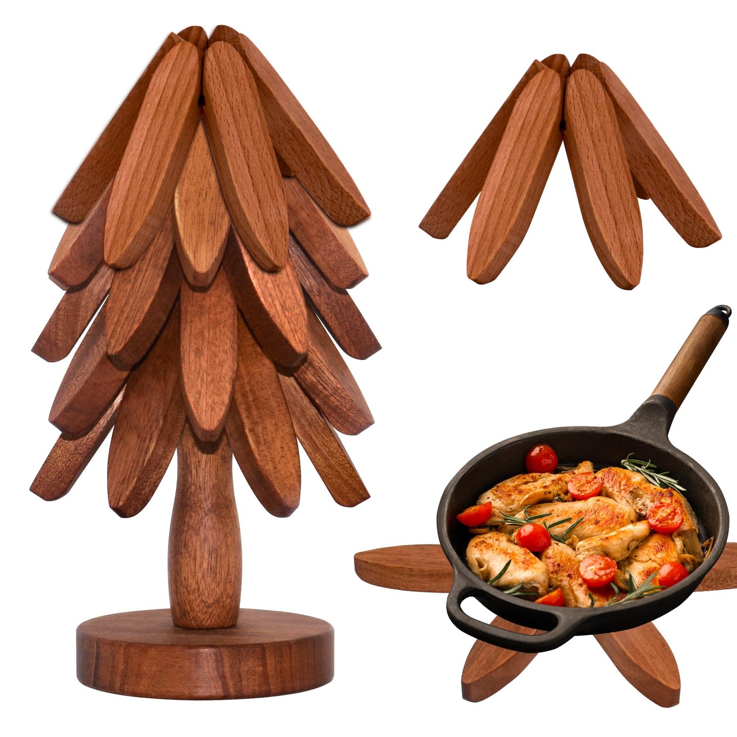 Wooden Trivets for Hot Dishes, Wooden Tree Trivet Set of 5 for Easy Storage - Suited for Hots, Pans, Bowl, Teapot, Hot Holders - Multifunctional Ornaments (Dark - 5 PCs)