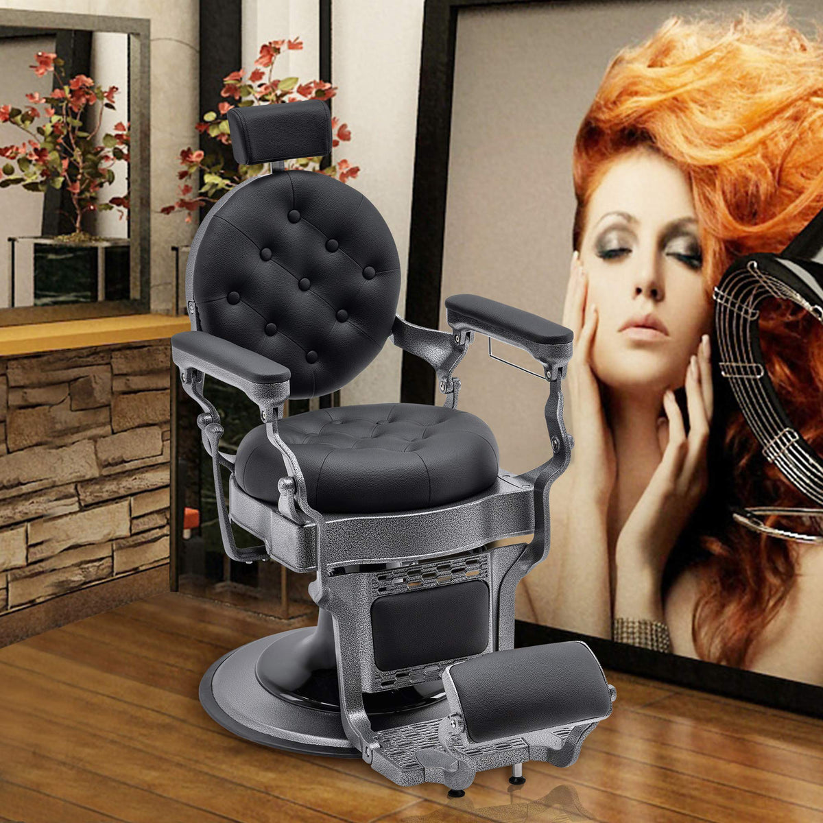 BarberPub Vintage Barber Chair Heavy Duty Metal Frame All Purpose Hydraulic Recline Salon Beauty Spa Equipment 2947 (Black with Grey Frame)