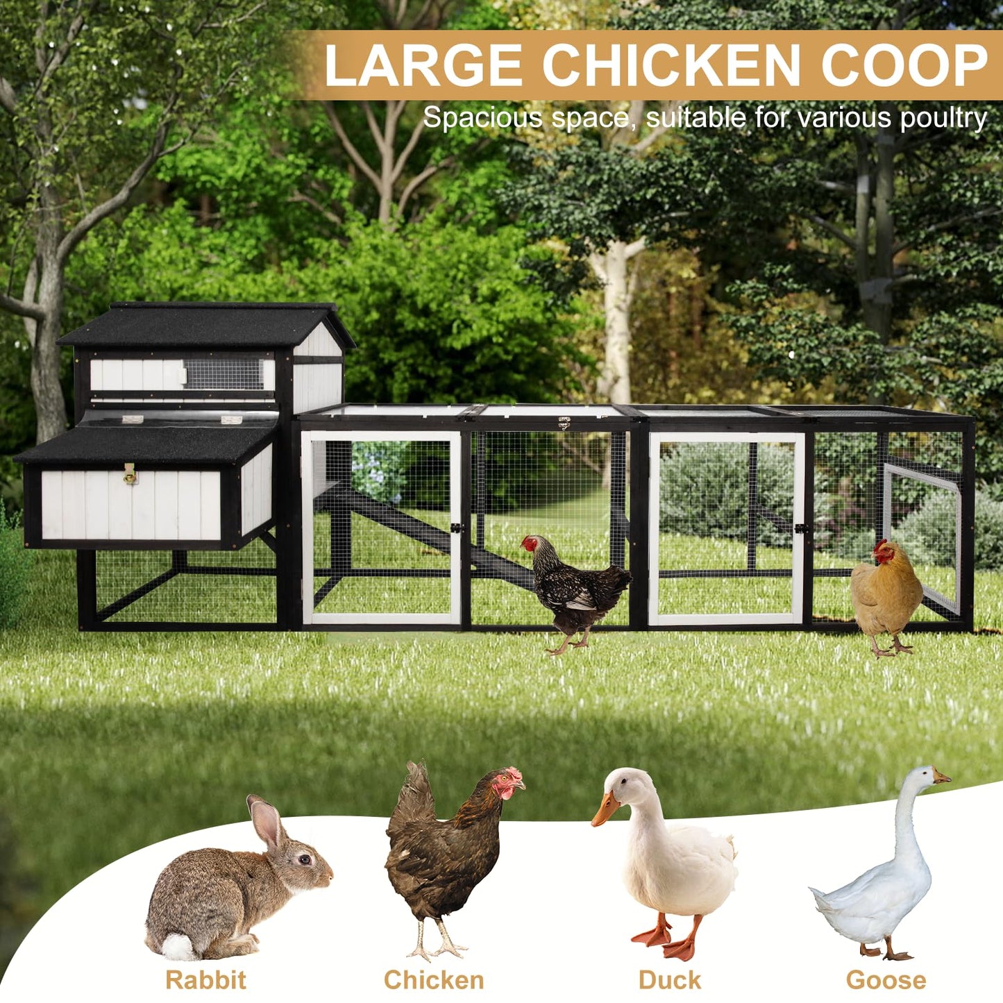 PetsCosset 116" L Large Chicken Coop and Run, Hen House with 4 Nesting Box Boxes, Rabbit Hutch Poultry Bunny Cage for 4-6 Chickens with 4 Perches, Removable Tray and Ramp and UV-Resistant Roof Panel