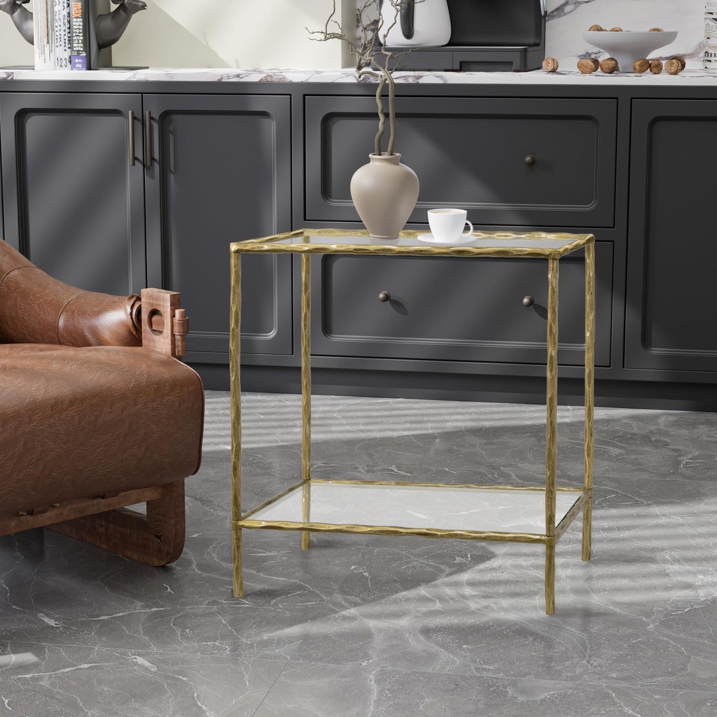 BEGINS Hand Forged Side Table 2 Tier, Vintage End Table Glass Top Coffee Table, Accent Table with Solid Hammered Frame, Suitable for Living Room, Bedroom, Study Room, Entryway (Gold, Rectangle)