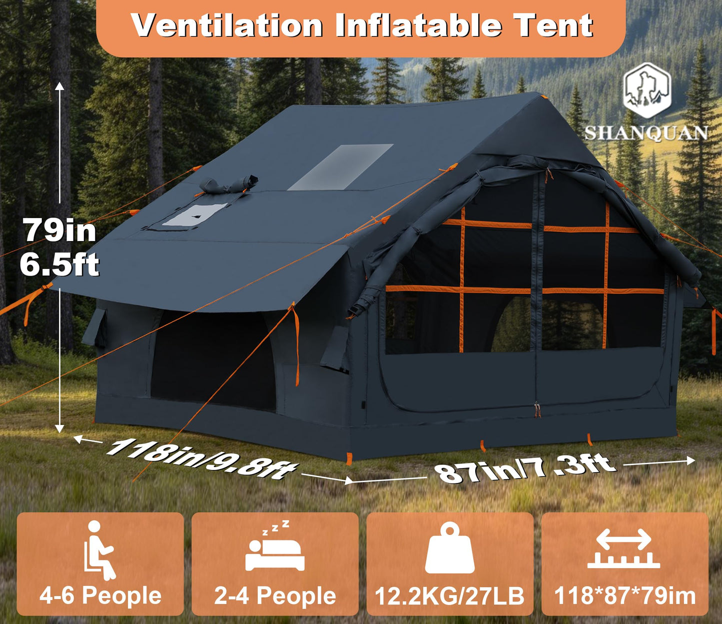 SHANQUAN Inflatable Tents for Camping with Stove Jack, 4/6 Person Easy Setup Blow up Tents for 4 Seasons Waterproof Inflatable Camping Tent with Clear Skylight, Air House Glamping Tents for Adult
