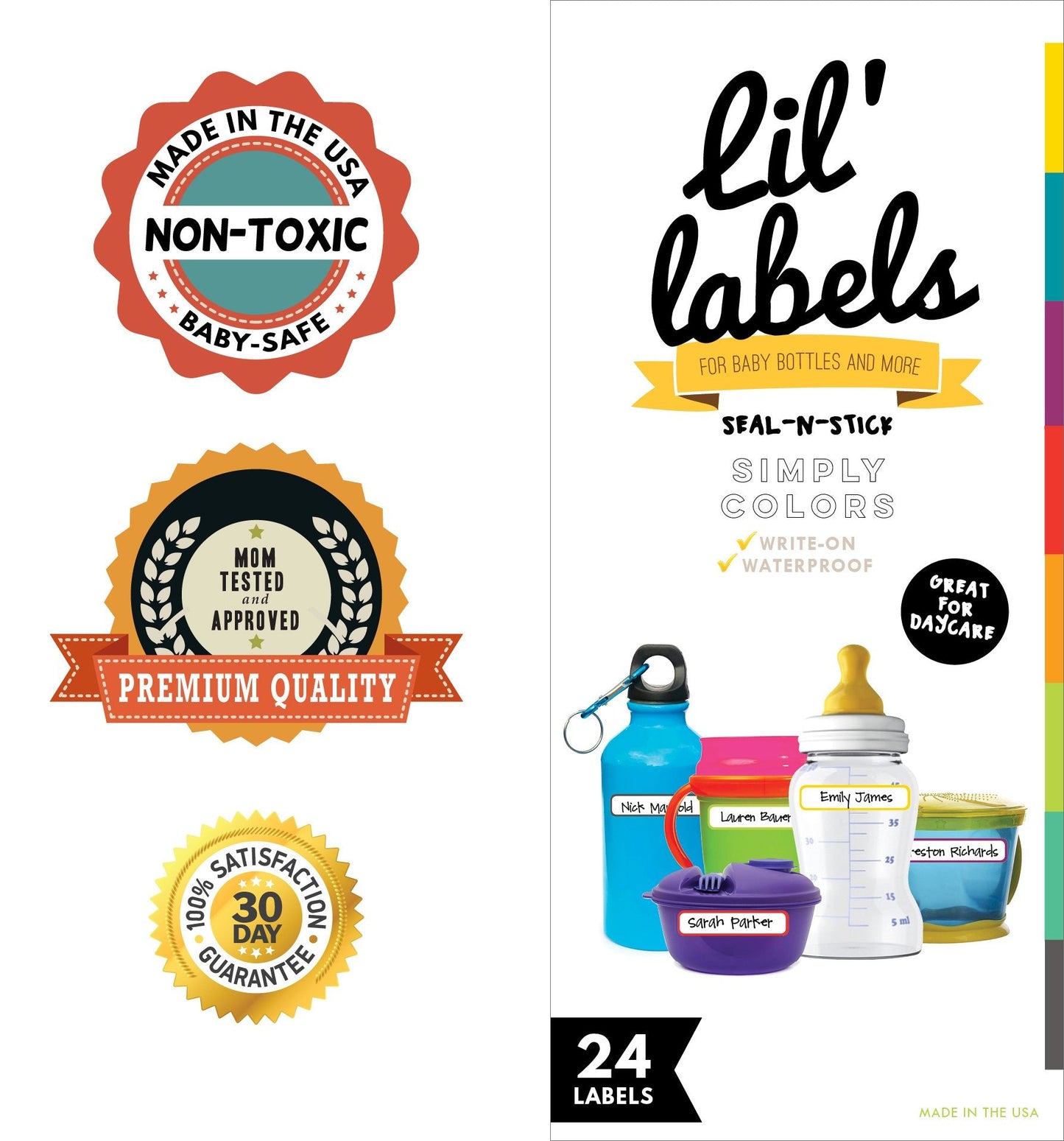 Bottle Labels, Food Pantry Label, Write-On, Self-Laminating, Waterproof Kids Name Labels for Baby Bottles for Daycare School, Dishwasher, Freezer, Kitchen Safe (Simply Colors - Rainbow Inspired)
