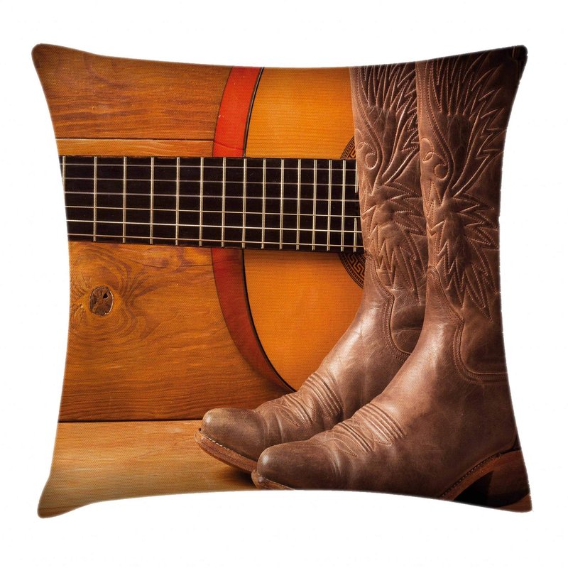Ambesonne Western Throw Pillow Cushion Cover, American Country Music Theme Guitar Instrument and Cowboy Shoes on Wood Image, Decorative Square Accent Pillow Case, 16" X 16", Orange Brown