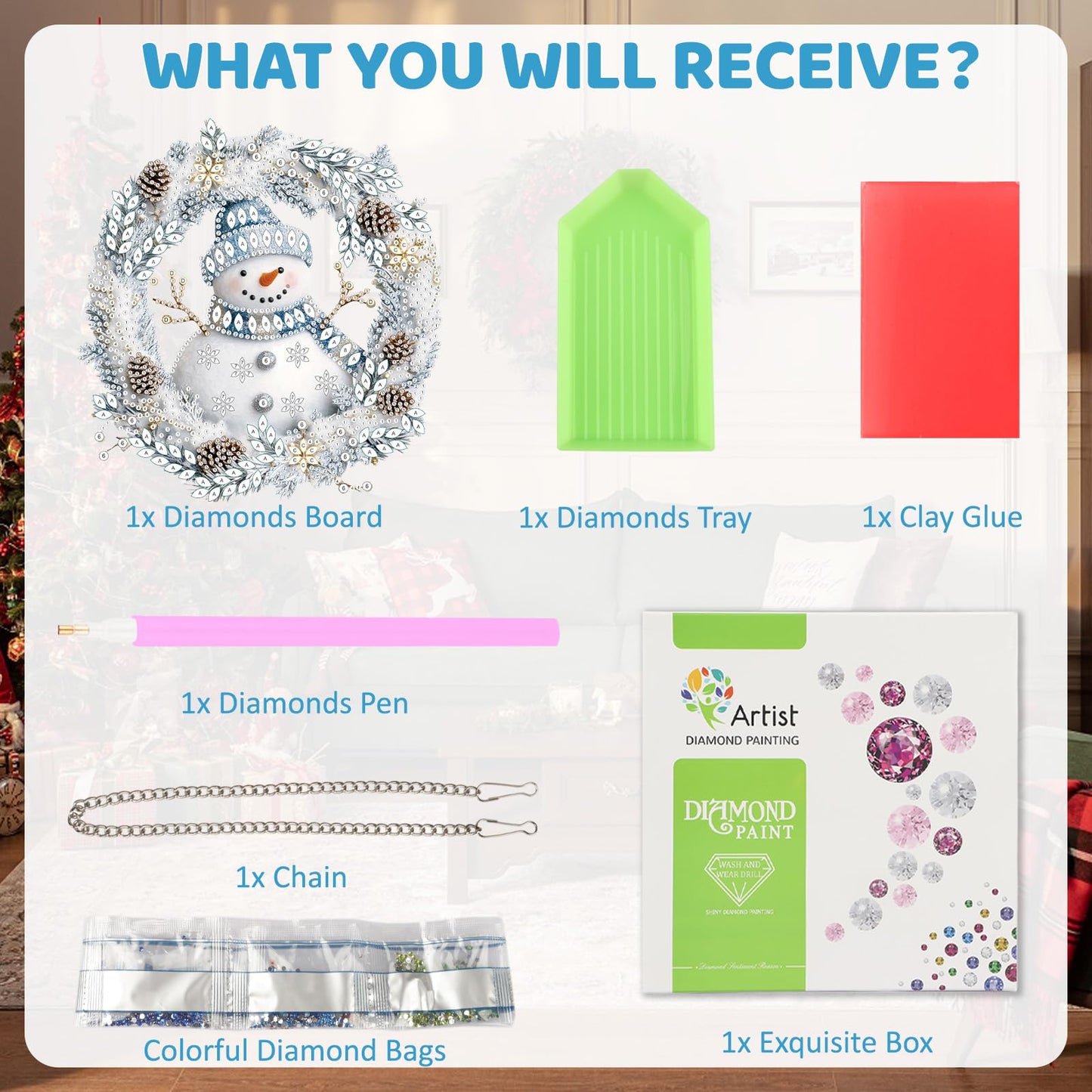 MEIYUDA Snowman Diamond Art Hanging Kits for Adult, Snowman Winter Wreath Diamond Painting Hanging Kits Ornaments, DIY Special Shaped Rhinestone Window Pendants kit for Home Garden Wall Decor