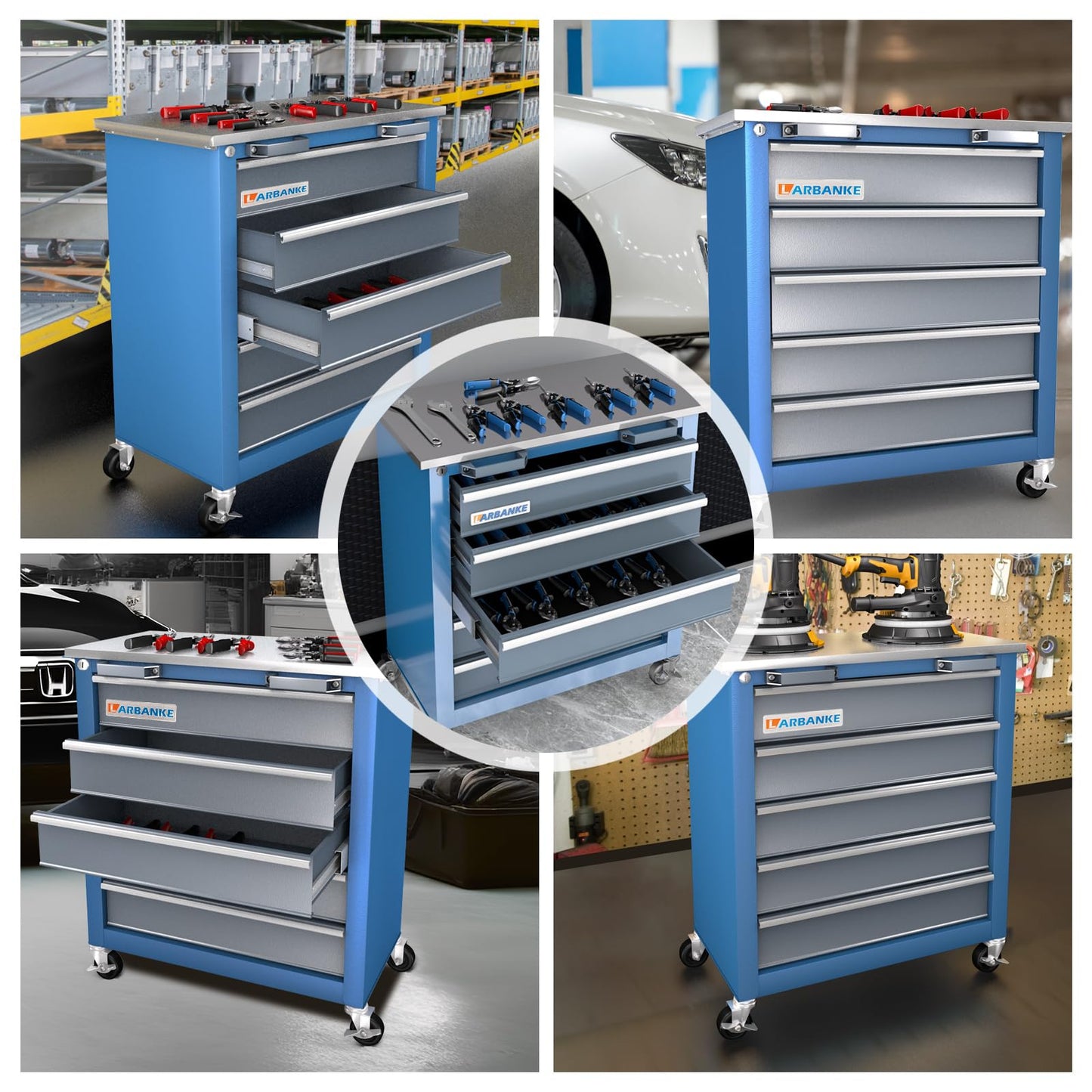 LARBANKE 5-Drawer Tool Chest, Rolling Tool Chest with Wheels, Foot Pads&Locking System,Mobile Storage Tool Cabinet with Stainless Steel Top,Connect Units for A Large Workstation for Office,Garage&Home