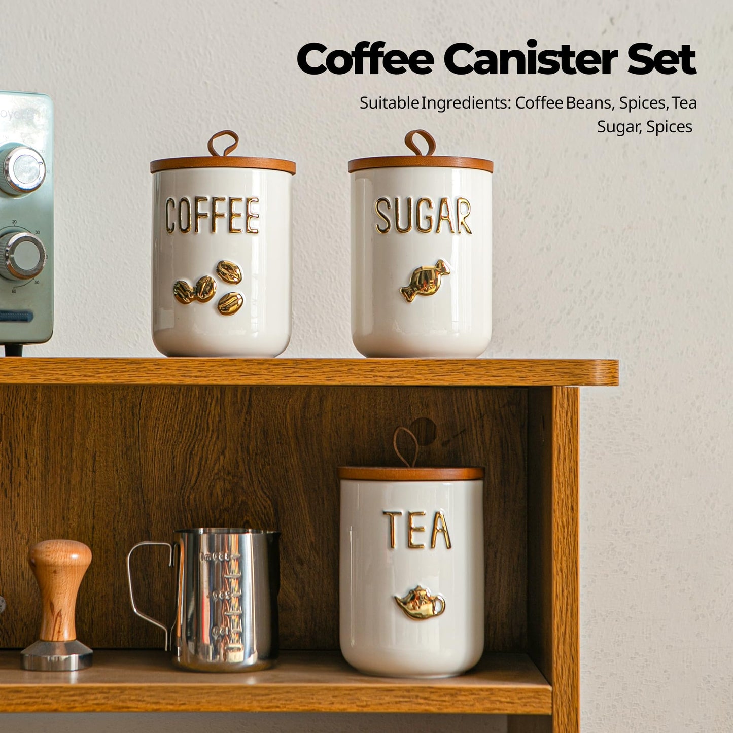 Sowlvenco White Ceramic Canister Set for Coffee Tea Sugar, 3-Piece Food Storage Jars with Wood Airtight Lids, Decorative Small Container for Kitchen Pantry Counter - 25oz