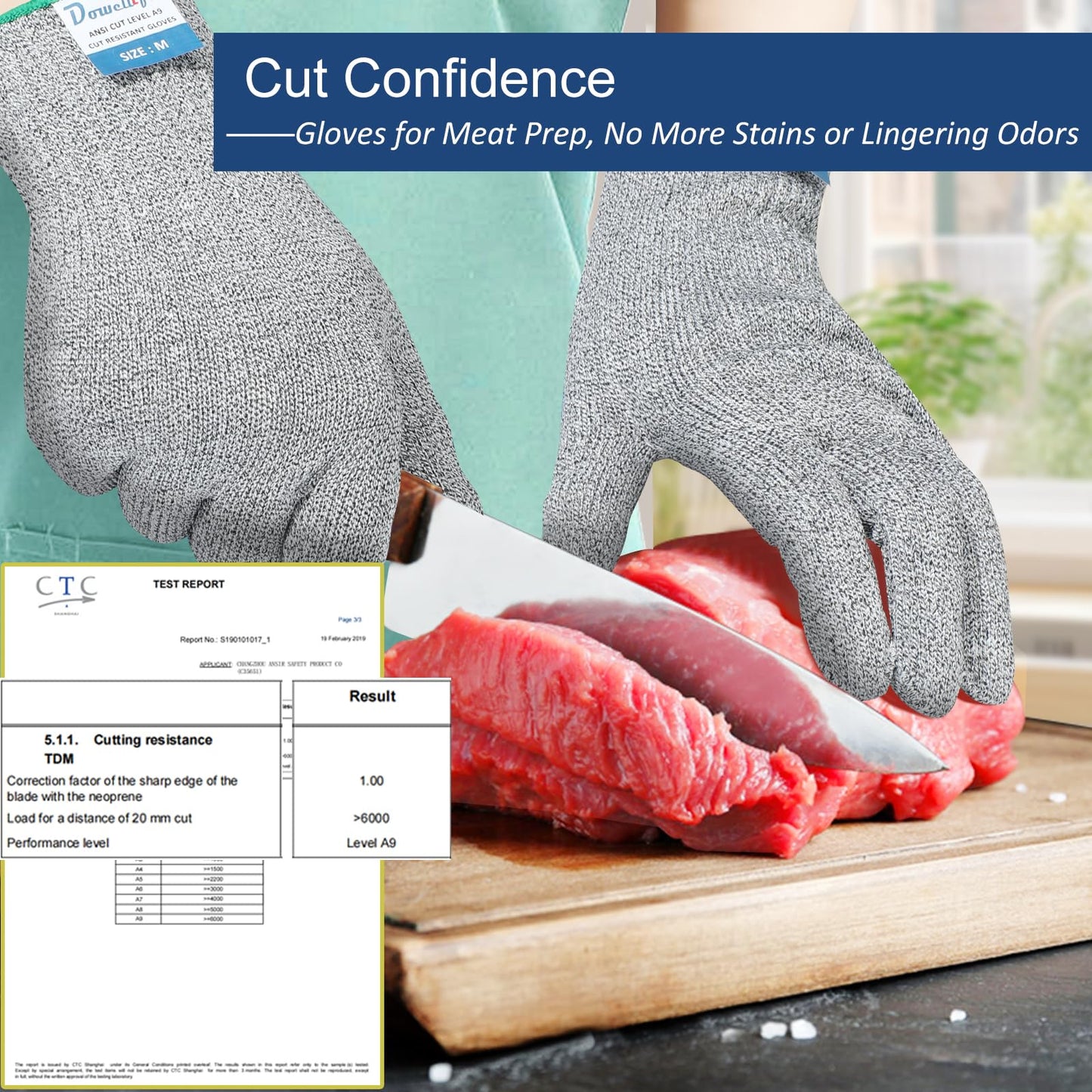 Dowellife Cut Resistant Gloves A9 Maximum Protection - Food Grade Kitchen & Chef Gloves for Food Prep, Knife Cutting, Mandoline Slicing, Butcher, Oyster Shucking, Fish Handling (Large)