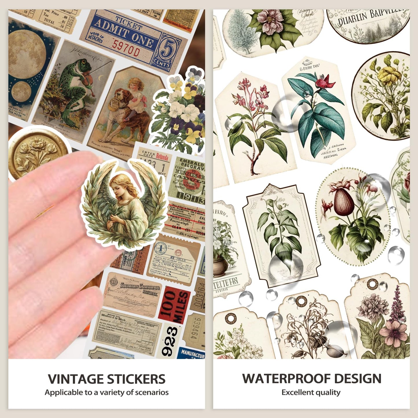 Bomichi Vintage Sticker Book with Washi Paper, Aesthetic Journaling Stickers for Scrapbooking, Bullet Junk Journal, Teen Girl, Water Bottle, Laptop, Planner, DIY Crafts