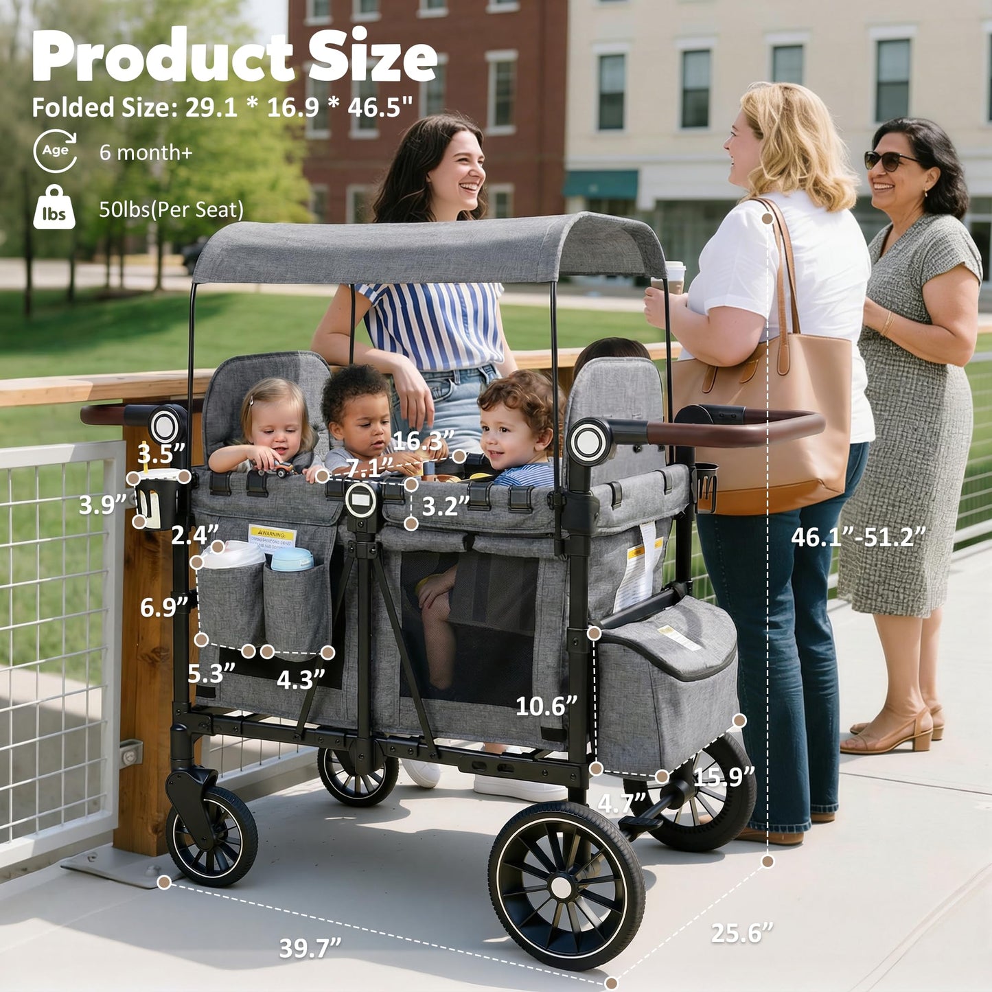 TODEFULL Wagon Stroller for 4 Kids, Foldable Kids Wagon Cart Featuring with Harnesses, Adjustable Double Push Handle, Removable Canopy, Snack Tray, Large Storage Bag