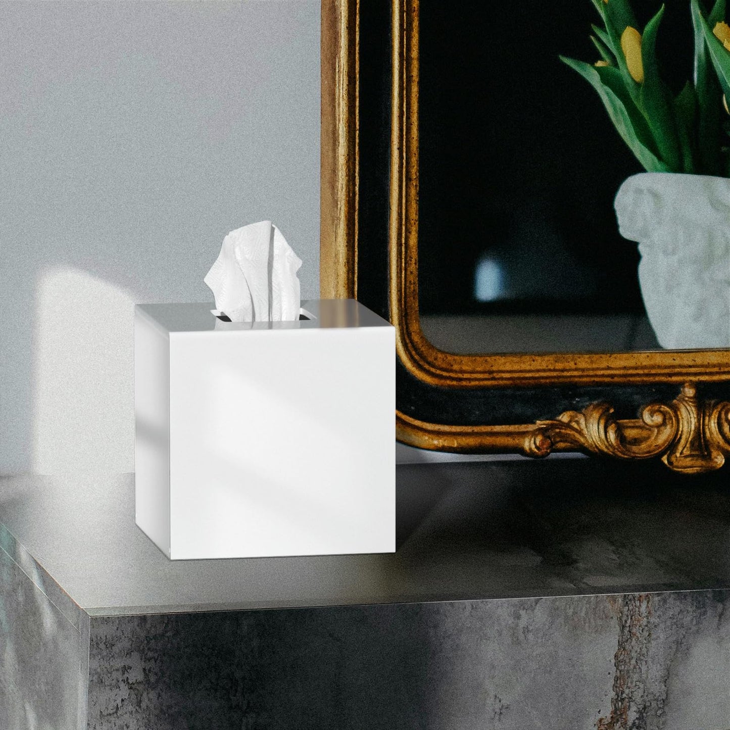 FEMELI Tissue Box Cover,Square Acrylic Tissues Paper Holder for Bathroom Bedroom Office,White