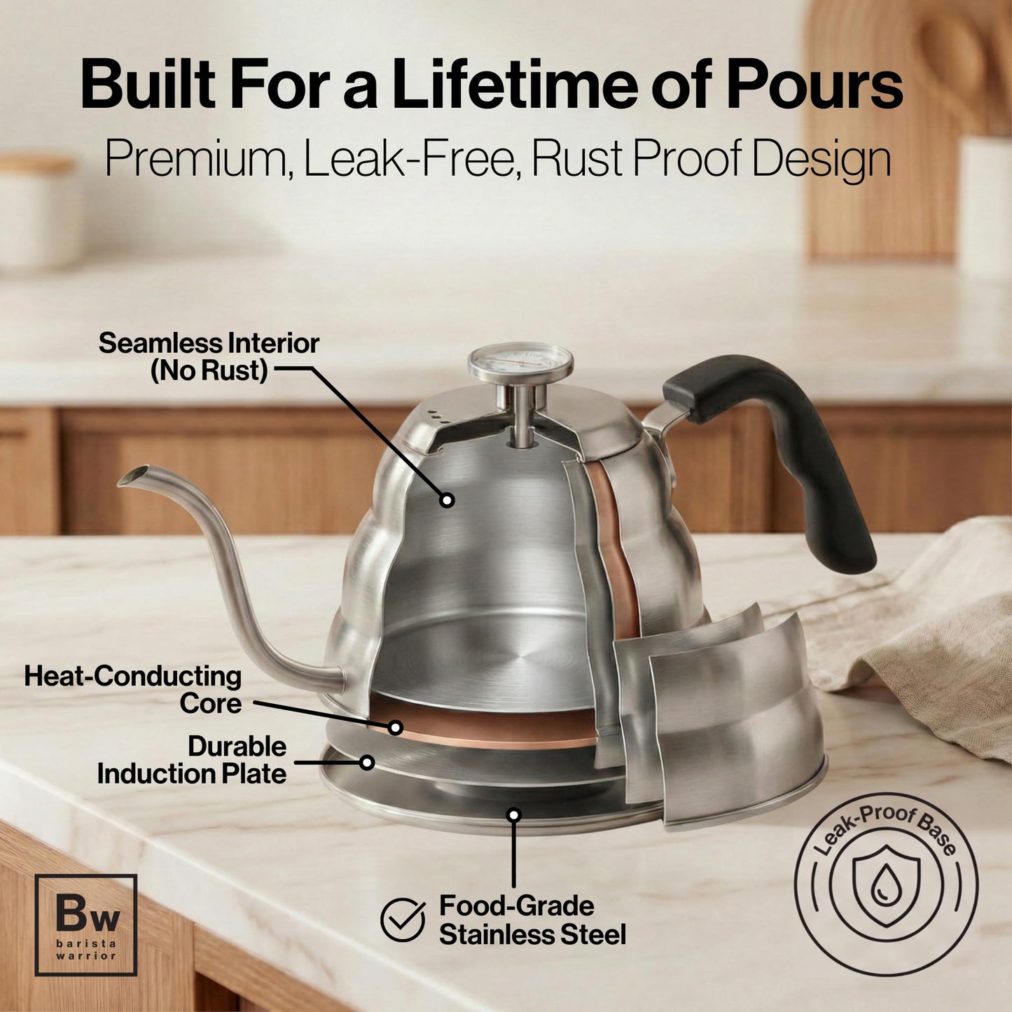 Barista Warrior Gooseneck Kettle with Thermometer - 1L Pour Over Coffee & Tea Kettle, 18/8 Stainless Steel Gooseneck Kettle Pot, Precision Pour Drip Spout, Suitable for All-Stoves (34 fl oz)