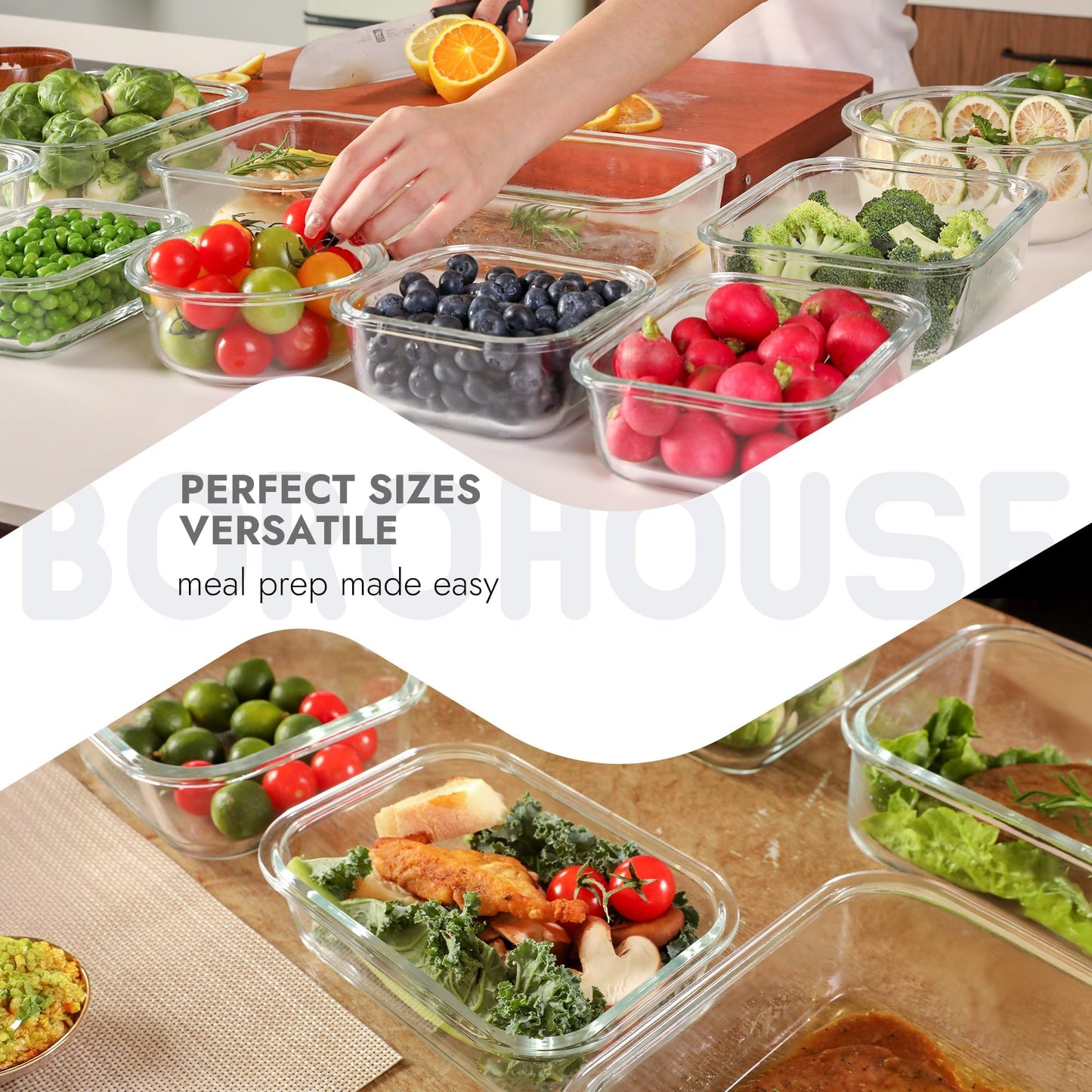 BOROHOUSE 10-Pack Glass Food Storage Containers with Tempered Lids – Borosilicate, Airtight, Oven-Safe (-4°F~950°F), BPA-Free, 4.4 & 1.6 Cup, Leak-Proof, Dishwasher Safe (Gray)