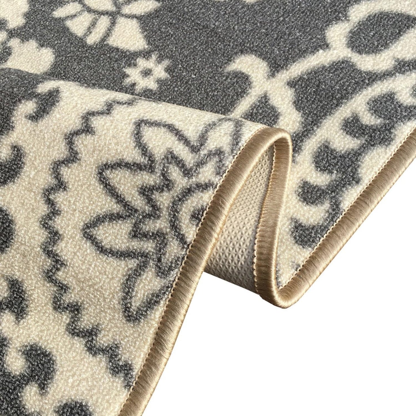 Custom Size Grey Floral Medallion Rubber Backed Non-Slip Hallway Stair Runner Rug, 22 inch Wide