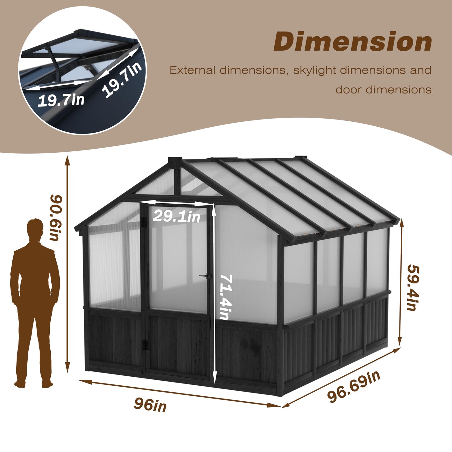 MUPATER 8 x 8FT Wooden Polycarbonate Greenhouse with 6mm Polycarbonate Panels for UV Protection, Ventilated Window & Lockable Door, Walk-in Greenhouse for Outdoors, Patio, Backyard, Black