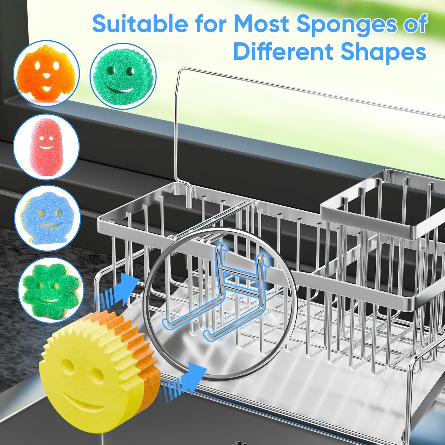 Adurei Sponge Holder for Kitchen Sink 304 Stainless Steel Self-Draining Sink Caddy with Smiley Face Sponge and Brush Holder Towel Bar and Divider Kitchen Gadgets Organizer for Countertop, Black