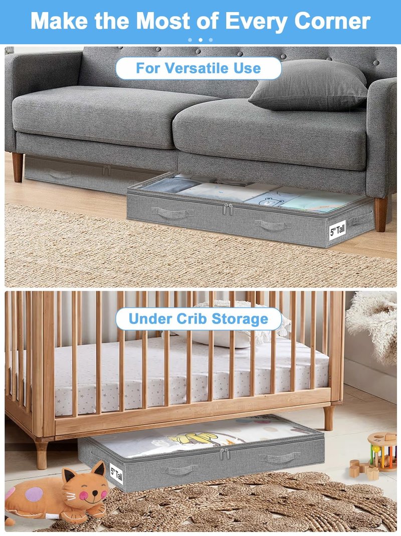 punemi 5 Inches High Low Profile Under Bed Storage Containers,No-Structure,Soft Fabric Zippered Underbed Storage bins for Clothes and Blankets— Fits Under Crib, Couch or Dorm bed,2-Pack,Grey