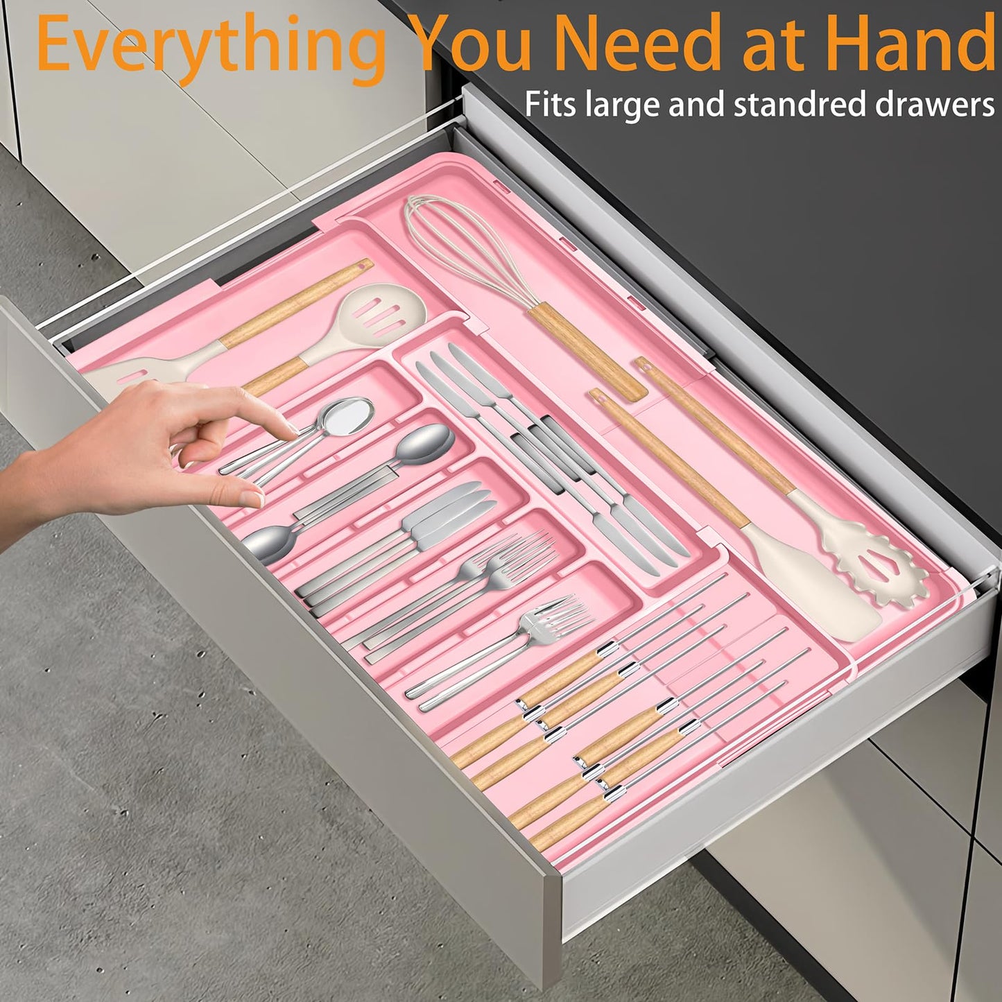Homecor Silverware Organizer - Expandable Large Kitchen Drawer Organizer Utensil Organizer with 2 Removable Knife Blocks, 22"x 19"Cutlery Tray Drawer Dividers for Kitchen Flatware(6-9 Slots) (Black)