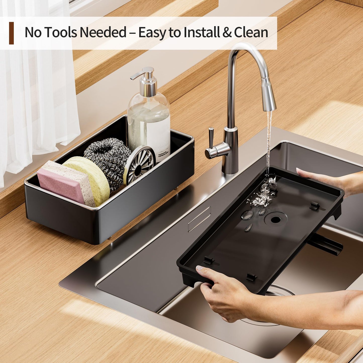 MOUKABAL Sponge Holder for Kitchen Sink – Rustproof Stainless Steel, 360° Rotating Drain Pipe, Large Counter Organizer with Drip Tray for Sponges, Brushes & Dish Cloths Black