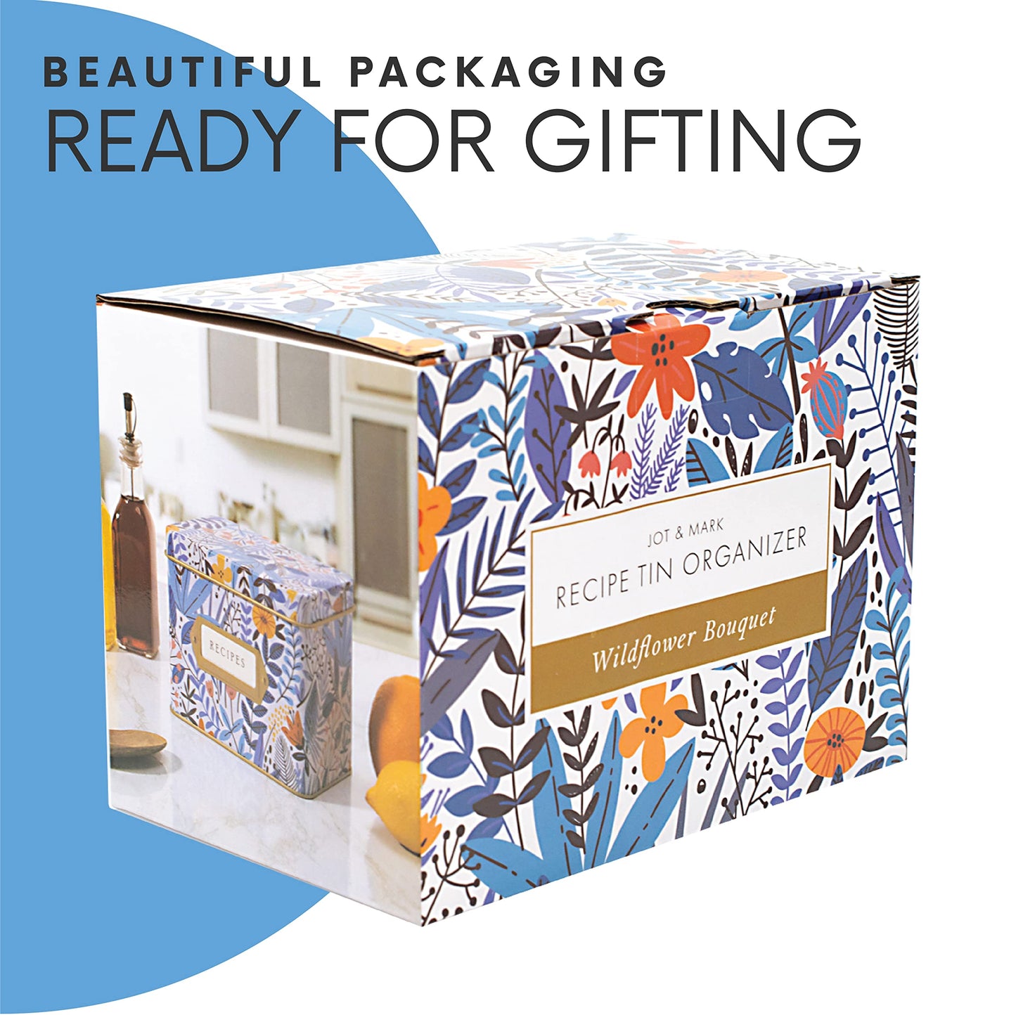 Jot & Mark Recipe Card Gift Box, 25 4x6 inch Cards, 14 Dividers, Decorative Tin Box