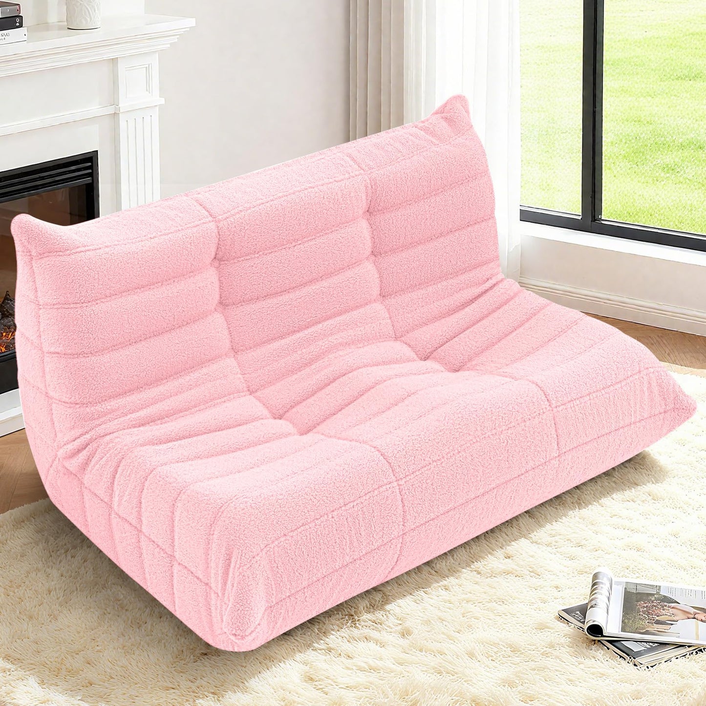 HABUTWAY Bean Bag Chairs Fireside Lazy Floor Sofa, Soft Teddy Fleece 2 Seater Sofa with High-Resilience Foam Filling,Beanbag for Living Room, Bedroom, Office (Pink Teddy)